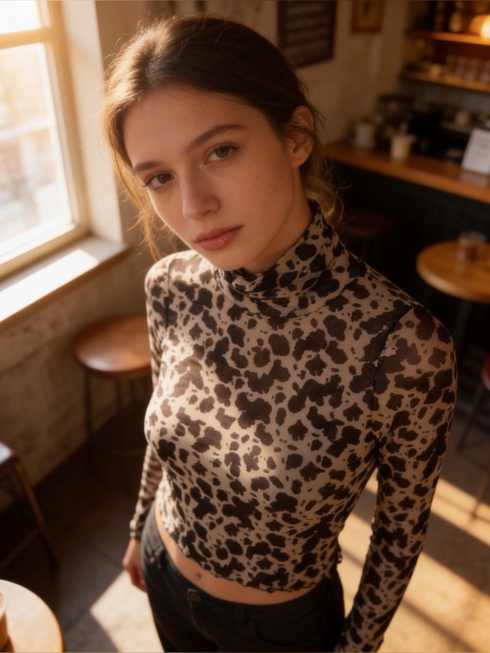 Altar’d State | Womens Mesh Cowprint Long Sleeve Undershirt Brown & White | S